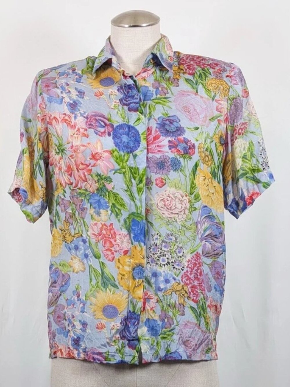 Vintage 90s Blouse Silk Blue Floral Print Short Sleeve Top Women's Size S